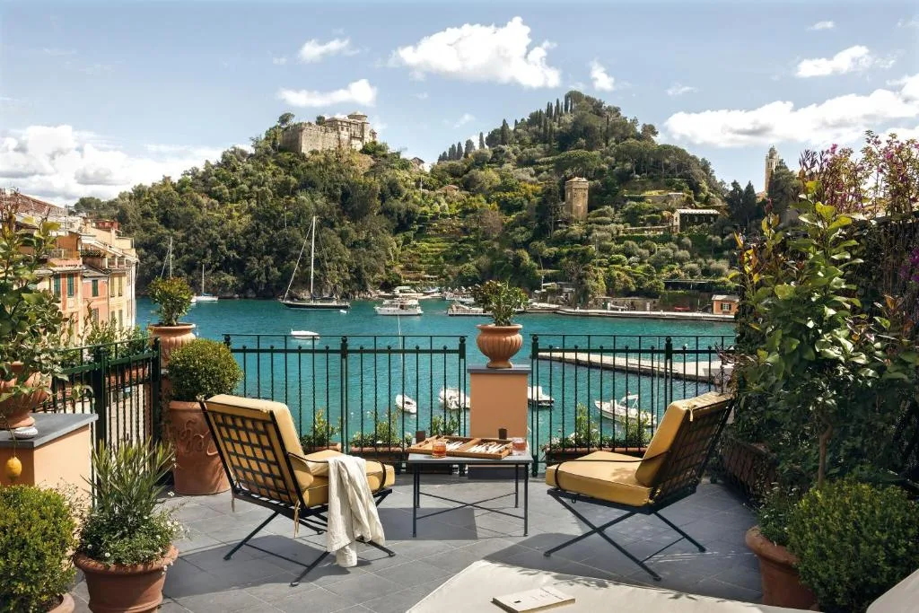 A terrace overlooking the harbour and hillside villas of Portofino